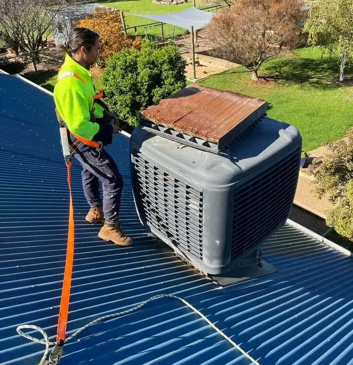 Harnessed technician servicing a rooftop evaporative cooler