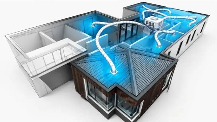 Diagram of a ducted evaporative cooling system delivering air to each room
